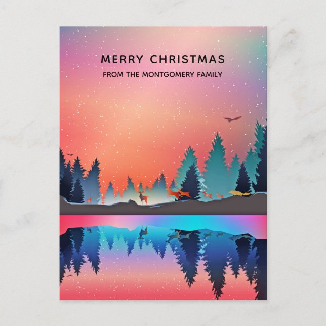 Postal Festiva Escenario del lago invernal con Navidades de cierv (Anverso)