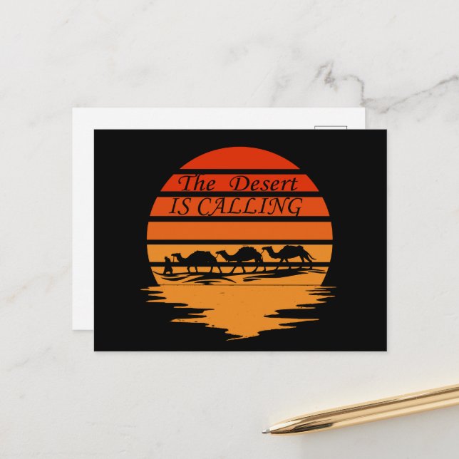 Postal Festiva escenario desértico con cosecha de sol de camellos (Anverso/Reverso In Situ)