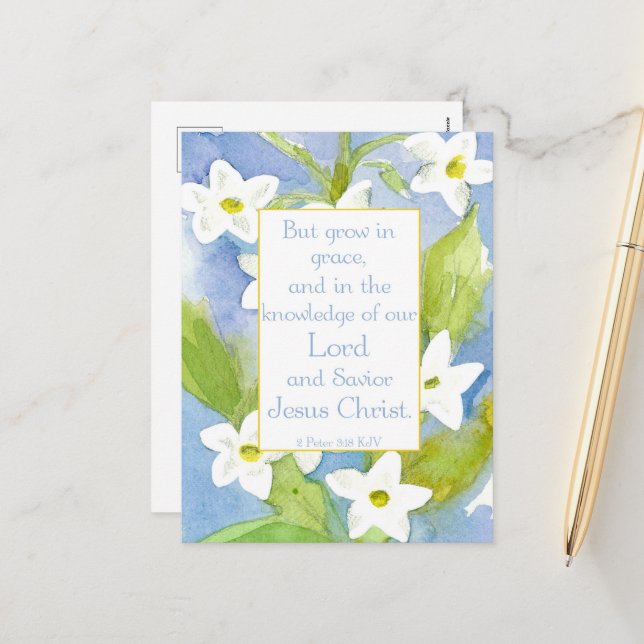 Postal Festiva Escritura 2 Peter 3:18 Flores de Nicotiana (Anverso/Reverso In Situ)