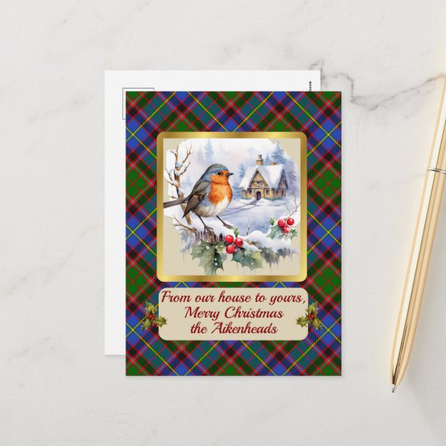 Postal Festiva Escudo Aikenhead y Tartán con Robin Personalizado (Anverso/Reverso In Situ)