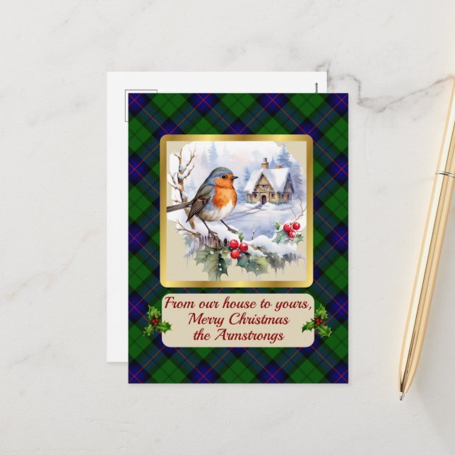 Postal Festiva Escudo Armstrong y Tartan w/Robin Personalizado (Anverso/Reverso In Situ)