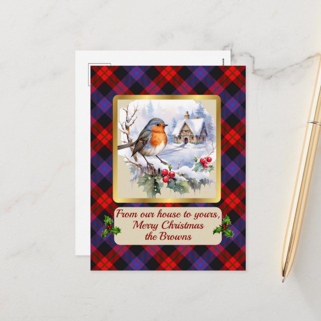 Postal Festiva Escudo marrón y Tartán con Robin personalizado (Anverso/Reverso In Situ)