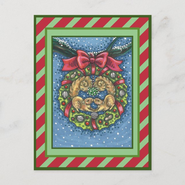 POSTAL FESTIVA ESCUELLOS DE BESO CUBIERTO BAJO MISTLETO, AGUA DE  (Anverso)