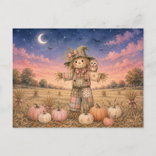 Postal Festiva Espantapájaros encantador de Halloween con búho