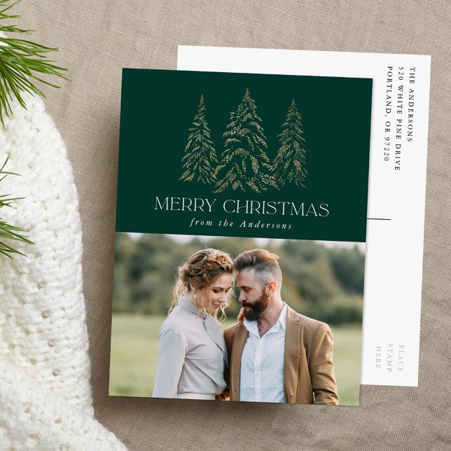 Postal Festiva Espectacular foto navideña verde pino de invierno (Subido por el creador)