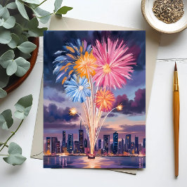 Postal Festiva Espectáculo de Fuegos Artificiales | Acuarela de N