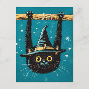 Postal Festiva Espeluznante Bruja de gato negro volador