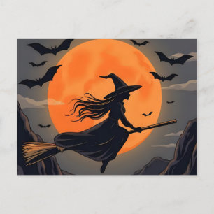 Postal Festiva Espeluznante Naranja de Halloween Moon Witch Flyin