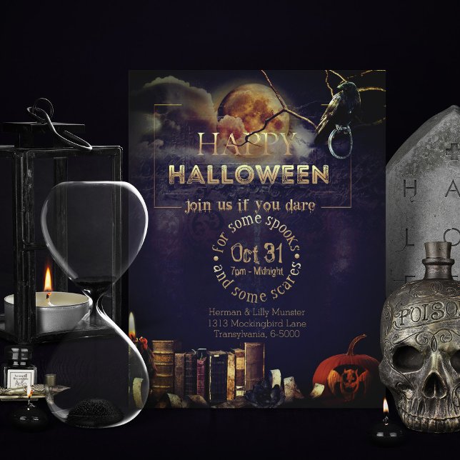 Postal Festiva Espeluznante Raven Gótico En Halloween Adulto De L (spooky adult gothic halloween invitations with full moon and pumpkin)