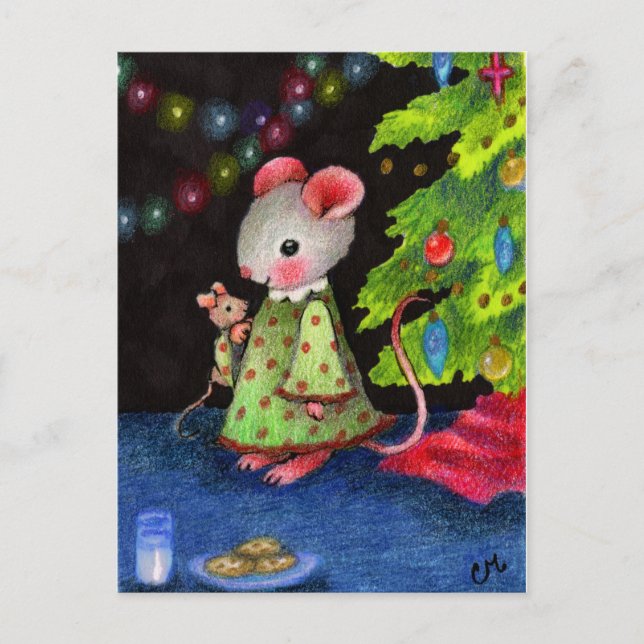 Postal Festiva Esperando a Santa Mouse - Arte de Navidades aburri (Anverso)
