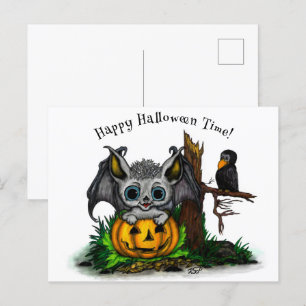 Postal Festiva Esperando Halloween , Cute Bat y Raven