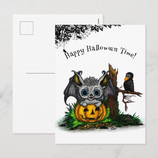 Postal Festiva Esperando Halloween , Cute Bat y Raven (Anverso / Reverso)