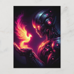 Postal Festiva Espíritu de Fuego Fénix Robot Futurista Cibernétic