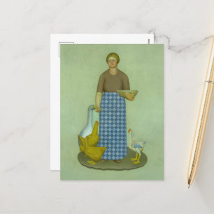 Postal Festiva Esposa de granjero con pollos por Grant Wood