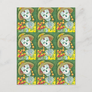 POSTAL FESTIVA ESQUELETO DE PRIMAVERA Y TULIPANES, SEÑORA ESQUELE