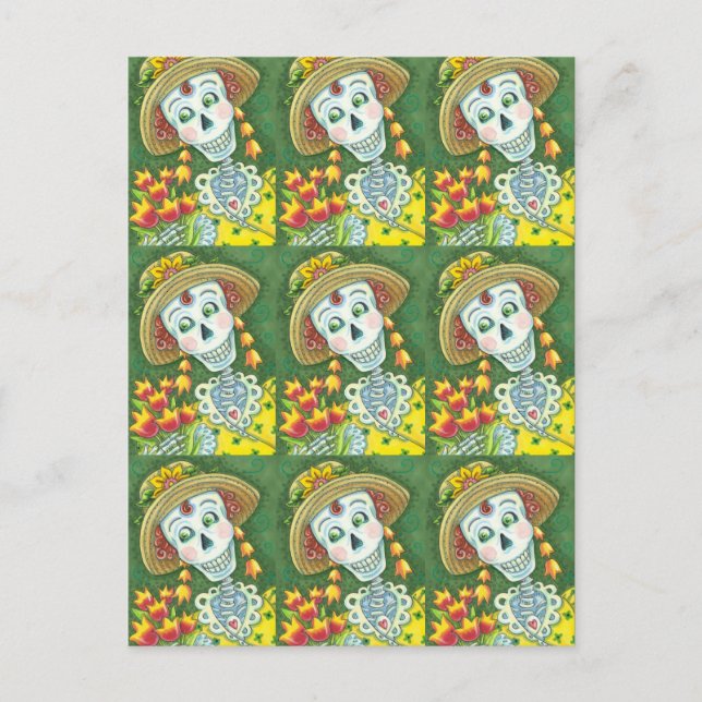 POSTAL FESTIVA ESQUELETO DE PRIMAVERA Y TULIPANES, SEÑORA ESQUELE (Anverso)