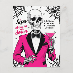 Postal Festiva Esqueleto de traje rosa de Halloween