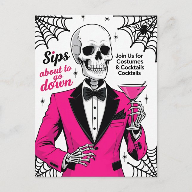 Postal Festiva Esqueleto de traje rosa de Halloween (Anverso)