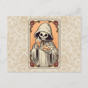Postal Festiva Esqueleto en una capa de café Tarot Halloween