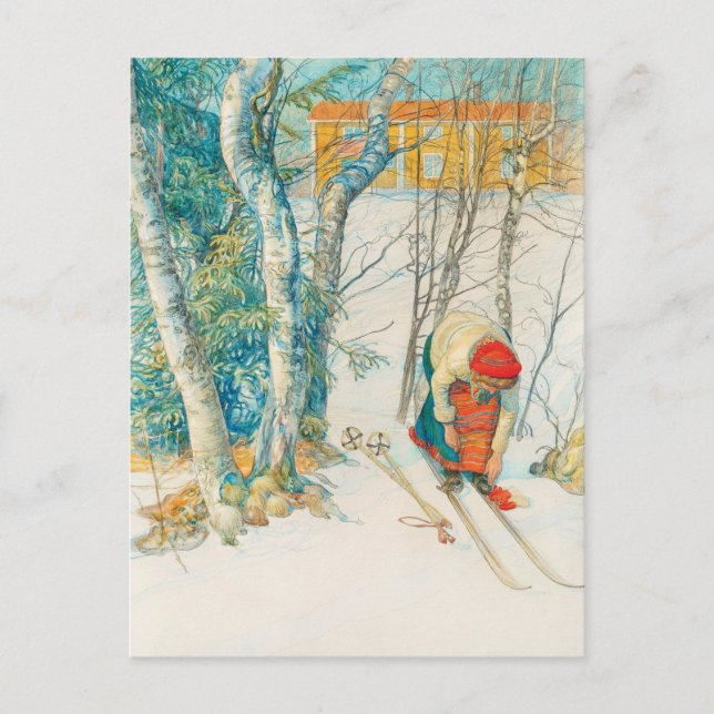 Postal Festiva Esquí de invierno por Carl Larsson (Anverso)