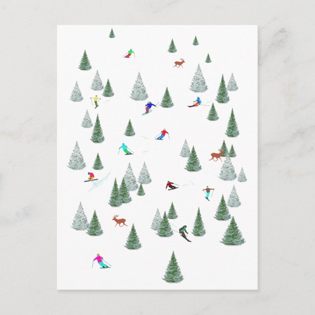 Postal Festiva Esquiadores y vacaciones deportivas de invierno en (Anverso)