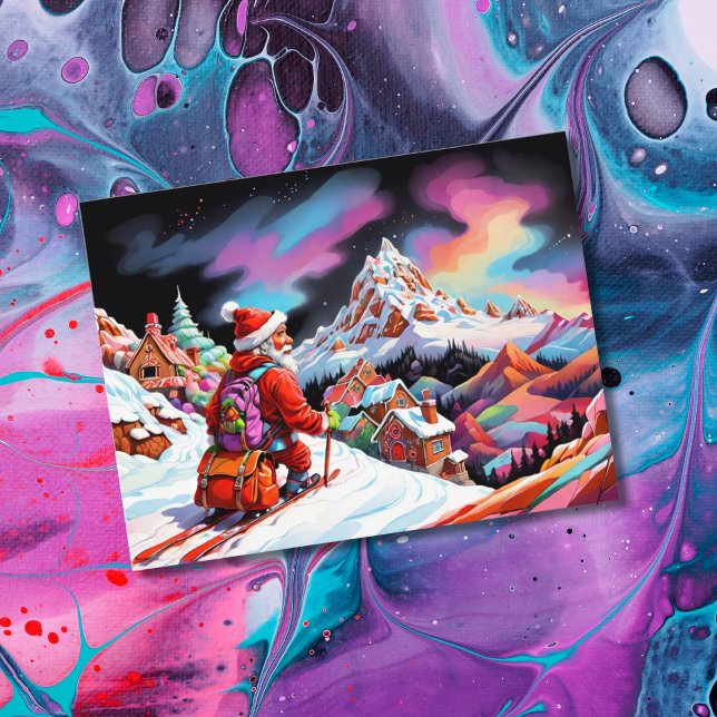 Postal Festiva Esquiando santa mirando hacia los navidades del va (Subido por el creador)