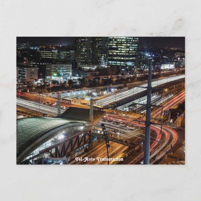 Postal Festiva Estación de tren de Tel Aviv de noche Israel (Anverso)