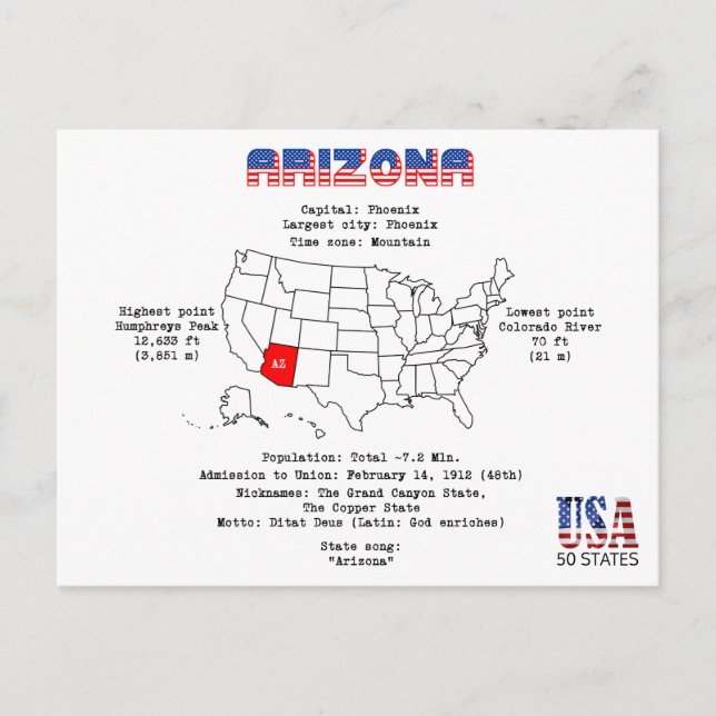 Postal Festiva Estado americano de Arizona en un mapa y un Info (Anverso)
