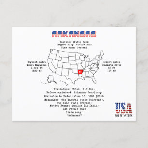 Postal Festiva Estado americano de Arkansas en un mapa y un Info