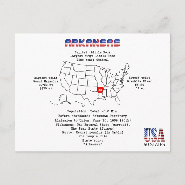 Postal Festiva Estado americano de Arkansas en un mapa y un Info (Anverso)