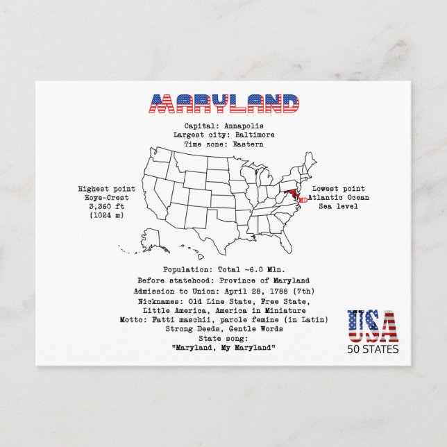 Postal Festiva Estado americano de Maryland en un mapa y un Info (Anverso)