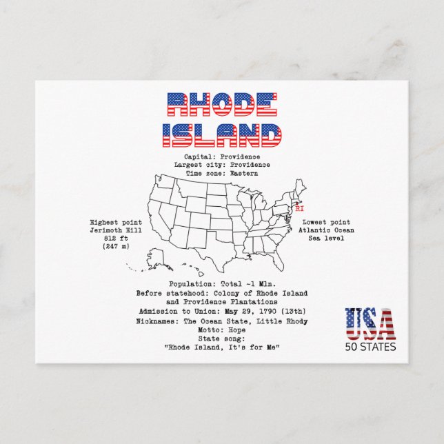 Postal Festiva Estado americano de Rhode Island en un mapa y los (Anverso)