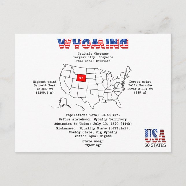 Postal Festiva Estado americano de Wyoming en un mapa y un Info (Anverso)