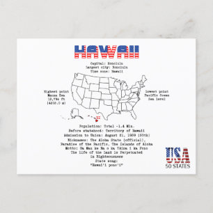 Postal Festiva Estado hawaiano-americano en un mapa e información
