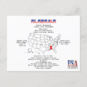 Postal Festiva Estado norteamericano de Alabama en un mapa e info