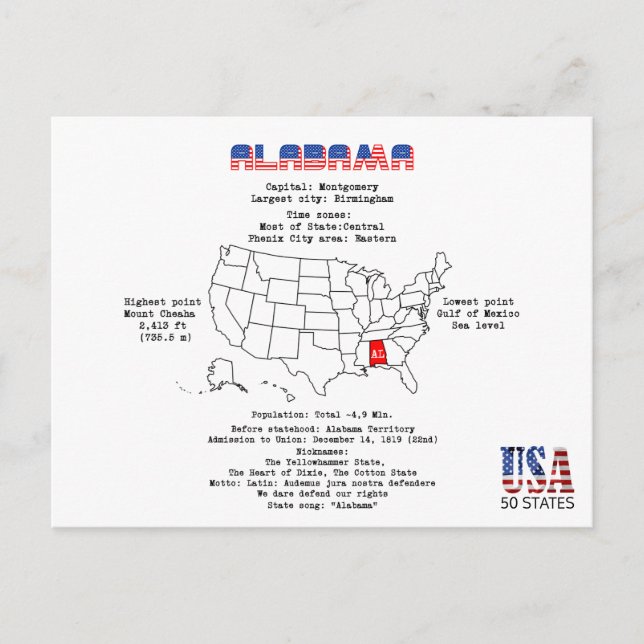 Postal Festiva Estado norteamericano de Alabama en un mapa e info (Anverso)