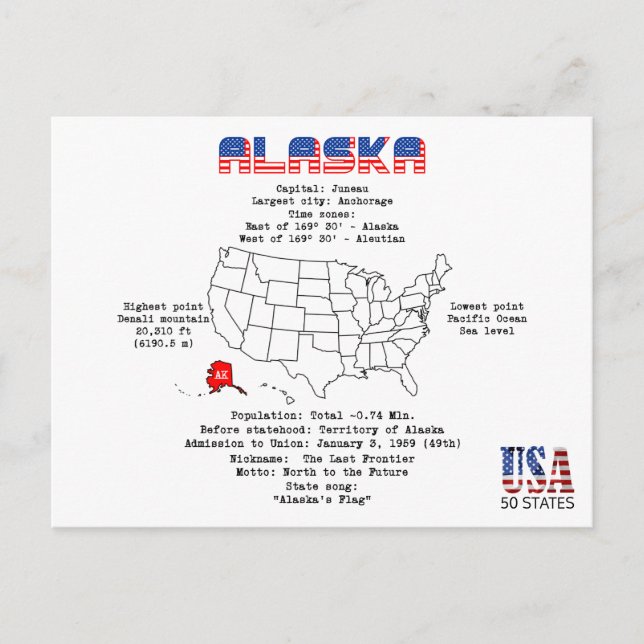 Postal Festiva Estado norteamericano de Alaska en un mapa e infor (Anverso)