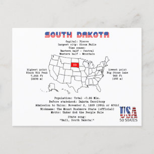 Postal Festiva Estado norteamericano de Dakota del Sur en un mapa
