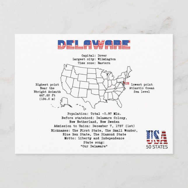 Postal Festiva Estado norteamericano de Delaware en un mapa e inf (Anverso)