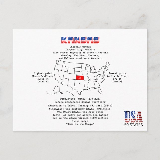 Postal Festiva Estado norteamericano de Kansas en un mapa e infor (Anverso)