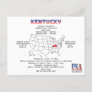 Postal Festiva Estado norteamericano de Kentucky en un mapa e inf