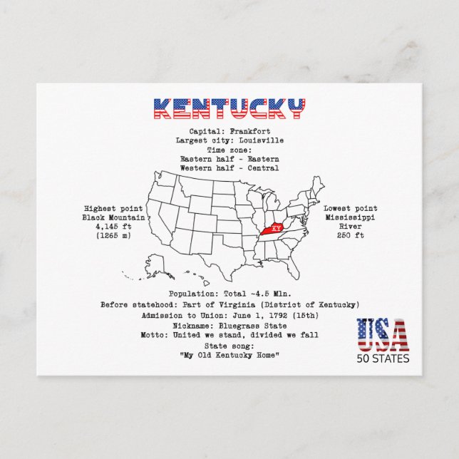 Postal Festiva Estado norteamericano de Kentucky en un mapa e inf (Anverso)