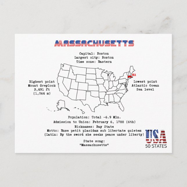 Postal Festiva Estado norteamericano de Massachusetts en un mapa  (Anverso)