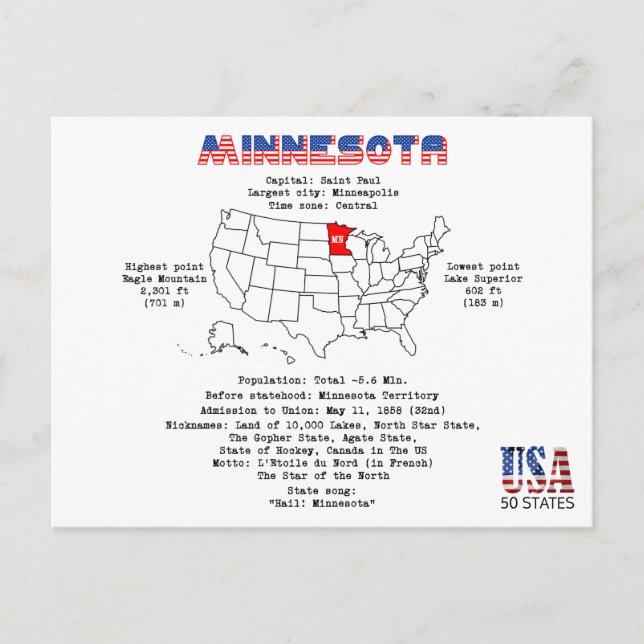 Postal Festiva Estado norteamericano de Minnesota en un mapa e in (Anverso)
