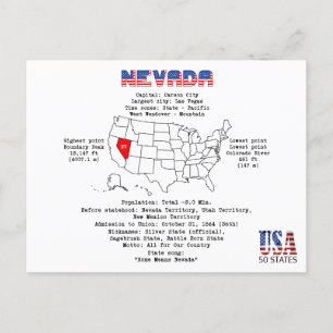 Postal Festiva Estado norteamericano de Nevada en un mapa e infor