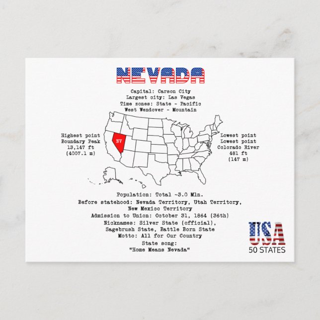 Postal Festiva Estado norteamericano de Nevada en un mapa e infor (Anverso)