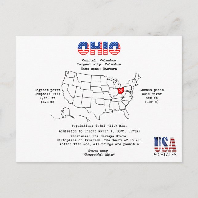 Postal Festiva Estado norteamericano de Ohio en un mapa e informa (Anverso)
