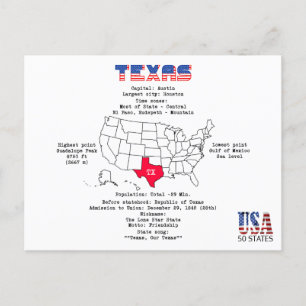 Postal Festiva Estado norteamericano de Texas en un mapa e inform