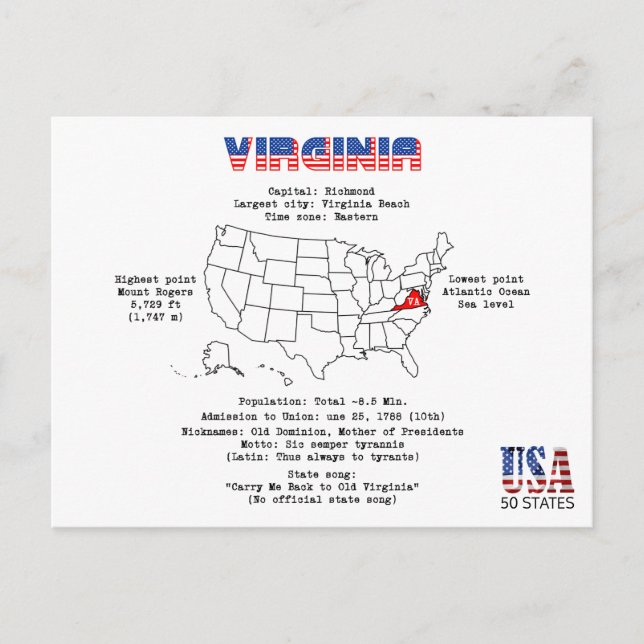 Postal Festiva Estado norteamericano de Virginia en un mapa e inf (Anverso)