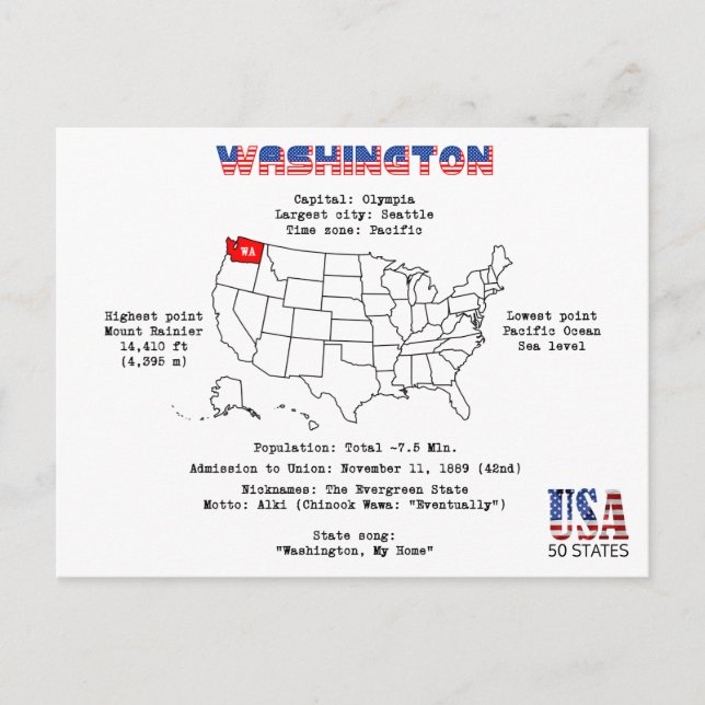 Postal Festiva Estado norteamericano de Washington en un mapa e i (Anverso)